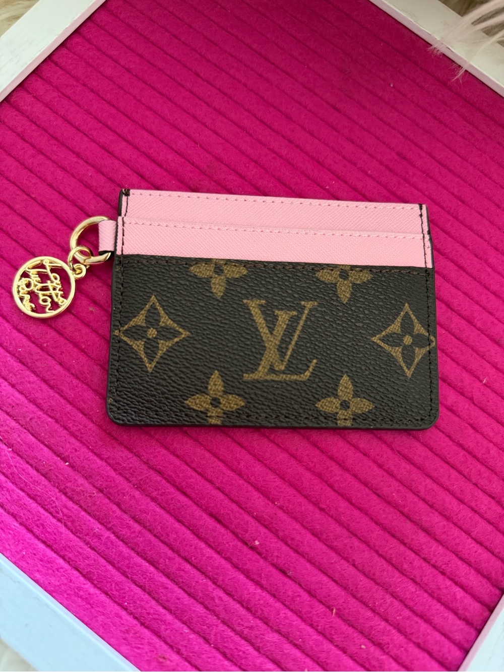 Brand new Pink Trim Monogram Card Holder with Gold Charm